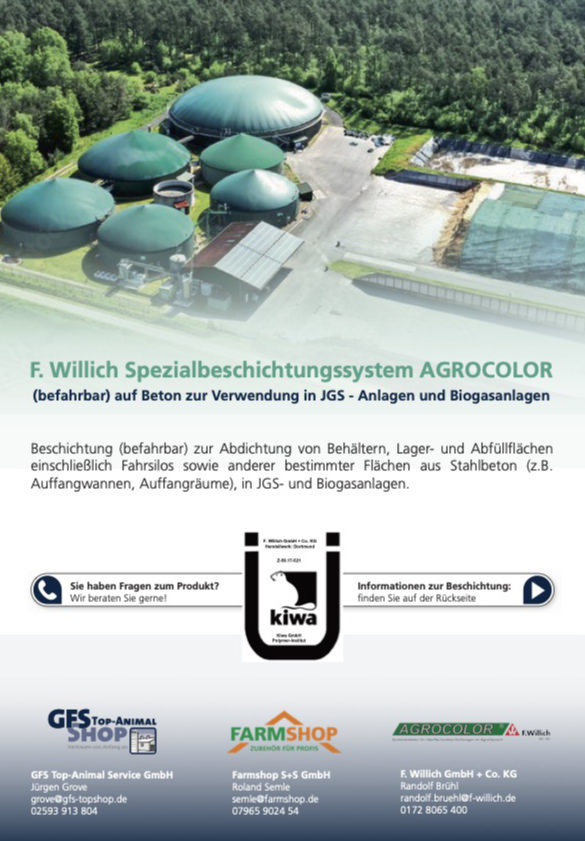 F. Willich Spezialbeschichtungssystem AGROCOLOR (befahrbar) auf Beton zur Verwendung in JGS-Anlagen und Biogasanlagen