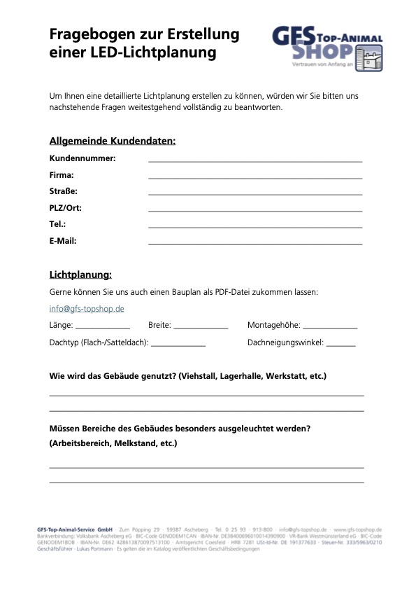 Fragebogen zur Erstellung einer LED-Lichtplanung