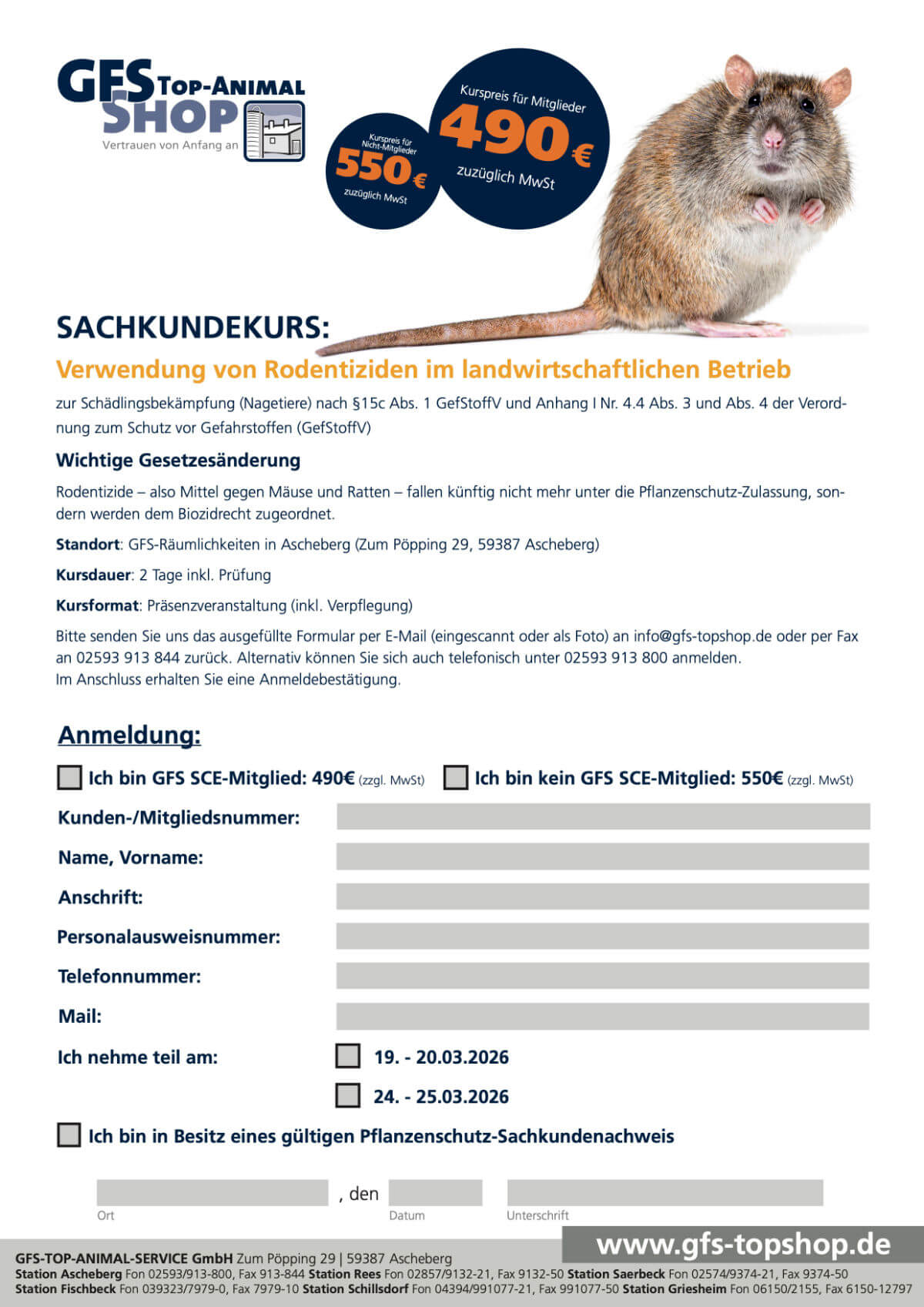 Anmeldung Sachkundekurs Verwendung von Rodentiziden im
landwirtschaftlichen Betrieb