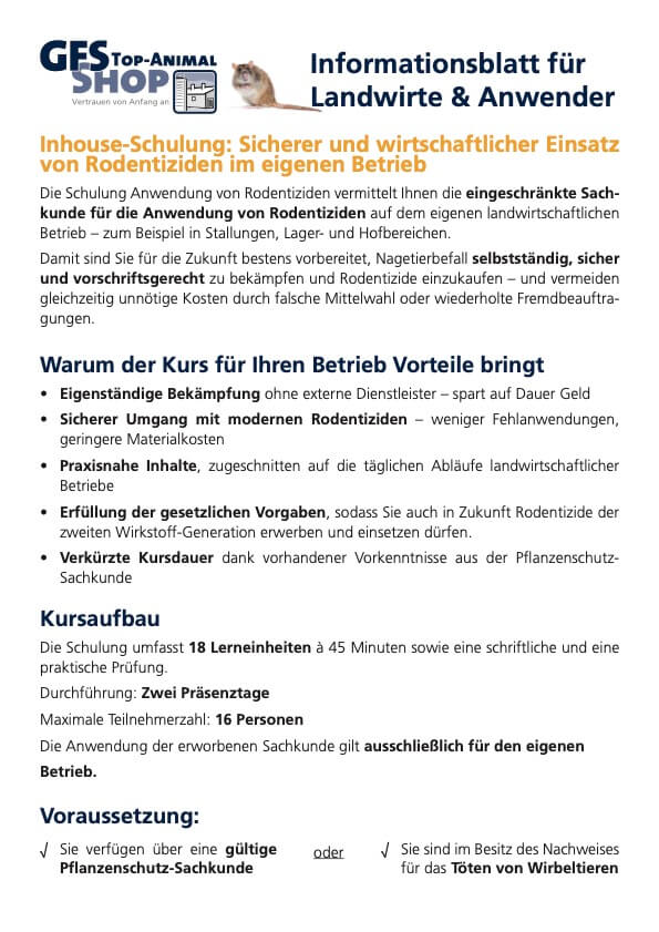 Informationsblatt Sachkundekurs Verwendung von Rodentiziden im landwirtschaftlichen Betrieb